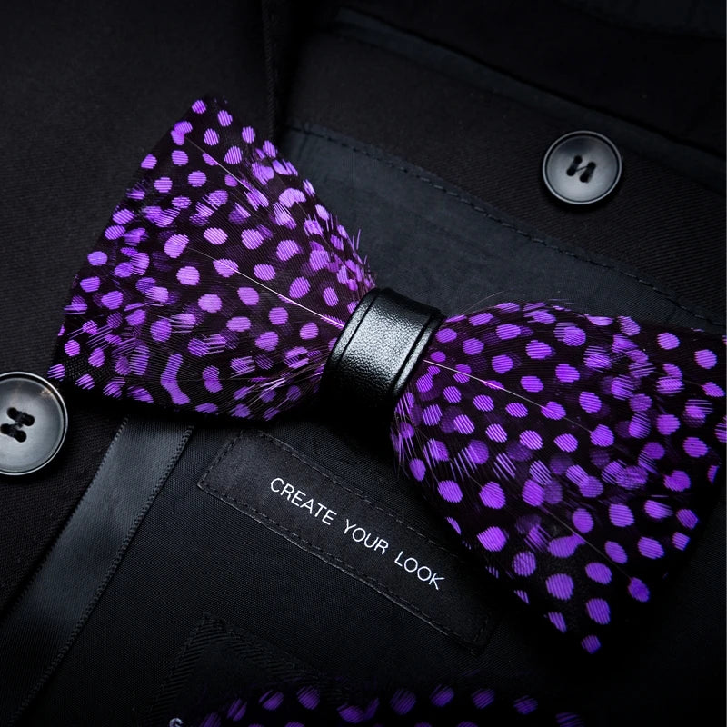 Ricnais Fashion Quality Mens Handmade Feather and Leather Bow Tie Pre-tied Bowtie With Gift Box For Wedding Party Accessories