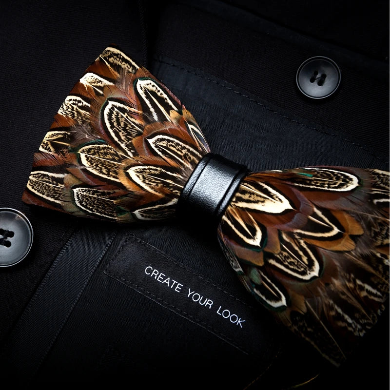Ricnais Fashion Quality Mens Handmade Feather and Leather Bow Tie Pre-tied Bowtie With Gift Box For Wedding Party Accessories