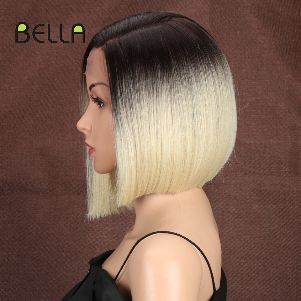 Bella Synthetic Short Wig Bob Lace Wig10 Inch Omber Blonde 613 Brown Red Bob Straight Hair Side Part Wigs For Woman Cosplay