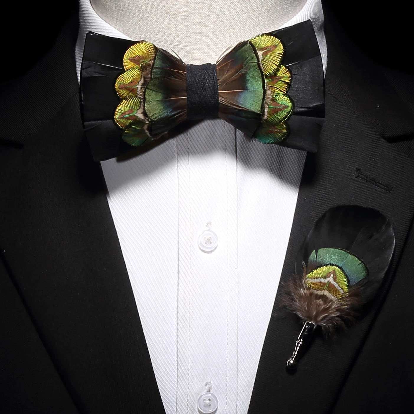 Ricnais Natural Men's Brid Feather Bow Tie Exquisite Hand Made Bowtie Brooch Pin Gift Box Set For Men Wedding Party Accessories