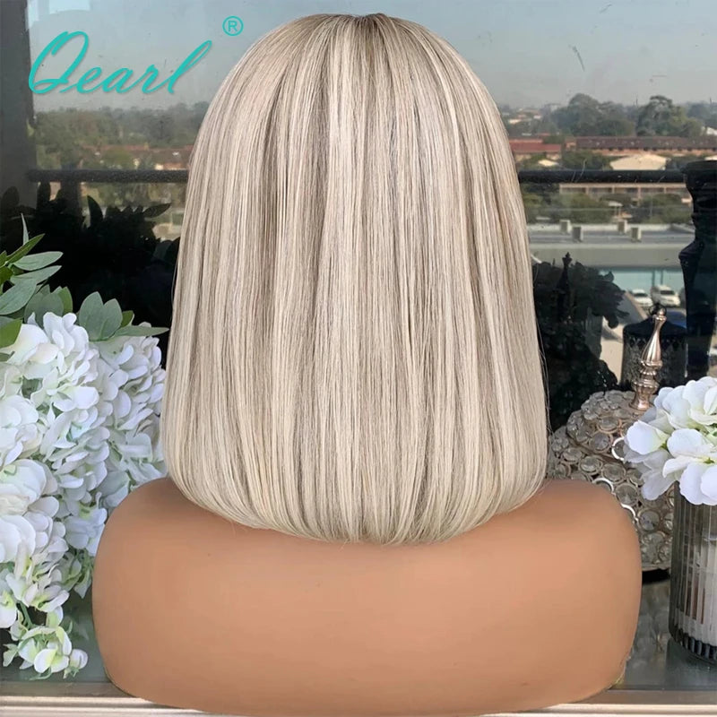 Ashy Grey Blonde Human Hair Lace Front Wig Short Bob Straight HD Lace Frontal Wigs Platinum White Highlights Glueless 13x1 Qearl