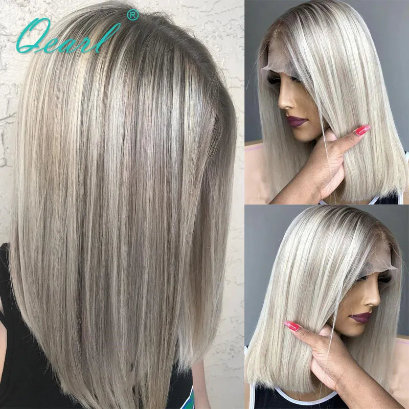 Ashy Grey Blonde Human Hair Lace Front Wig Short Bob Straight HD Lace Frontal Wigs Platinum White Highlights Glueless 13x1 Qearl