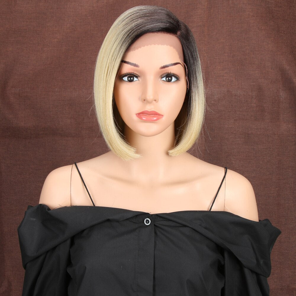 Bella Synthetic Short Wig Bob Lace Wig10 Inch Omber Blonde 613 Brown Red Bob Straight Hair Side Part Wigs For Woman Cosplay