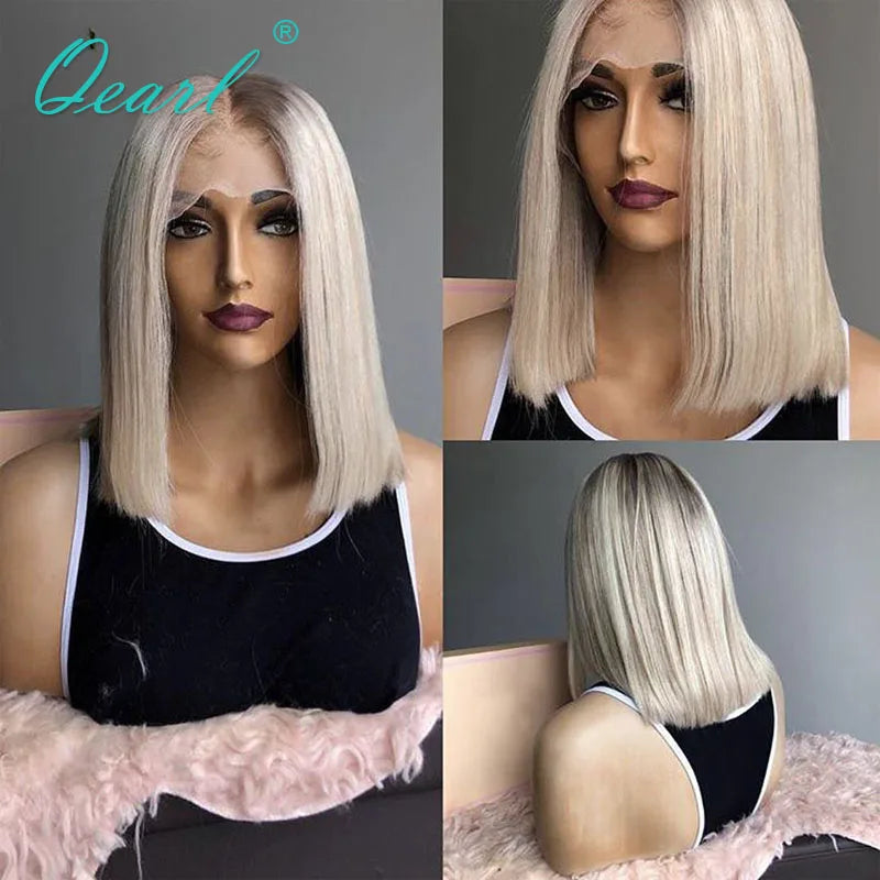 Ashy Grey Blonde Human Hair Lace Front Wig Short Bob Straight HD Lace Frontal Wigs Platinum White Highlights Glueless 13x1 Qearl