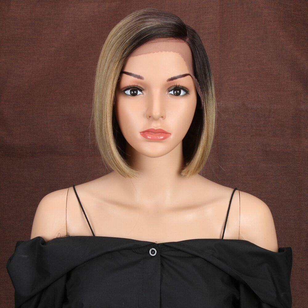 Bella Synthetic Short Wig Bob Lace Wig10 Inch Omber Blonde 613 Brown Red Bob Straight Hair Side Part Wigs For Woman Cosplay