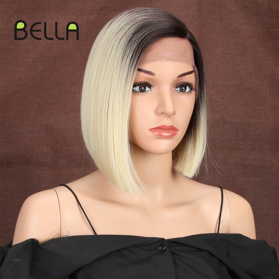 Bella Synthetic Short Wig Bob Lace Wig10 Inch Omber Blonde 613 Brown Red Bob Straight Hair Side Part Wigs For Woman Cosplay