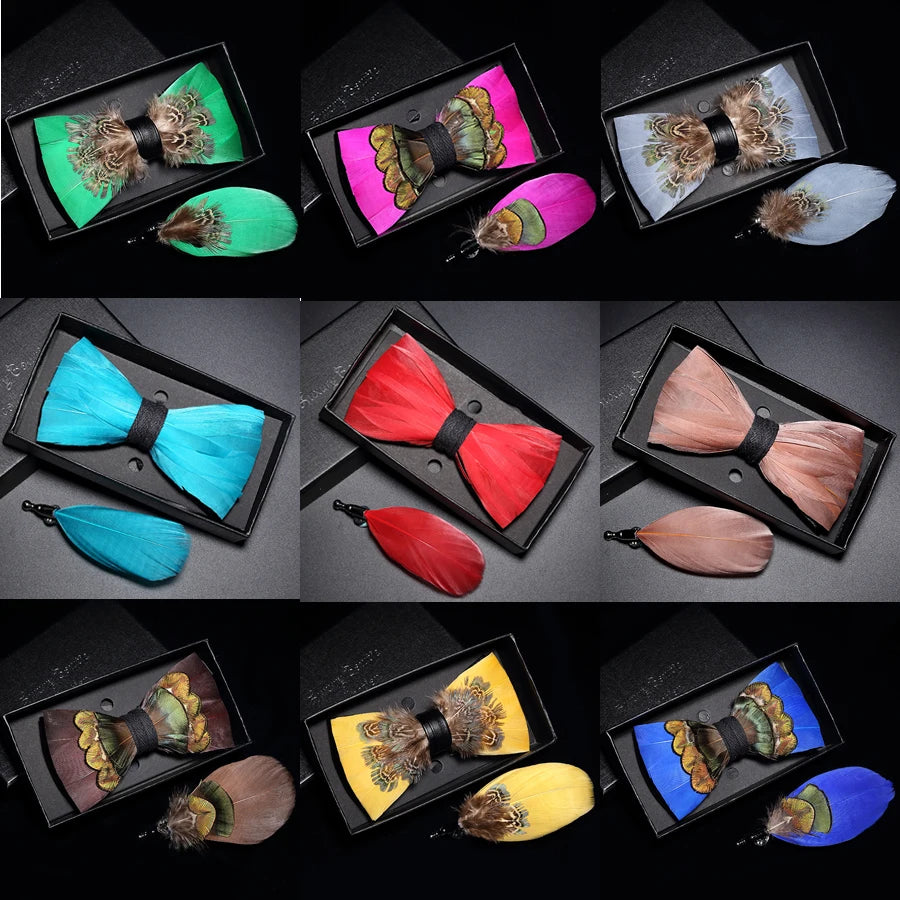 Ricnais Natural Men's Brid Feather Bow Tie Exquisite Hand Made Bowtie Brooch Pin Gift Box Set For Men Wedding Party Accessories