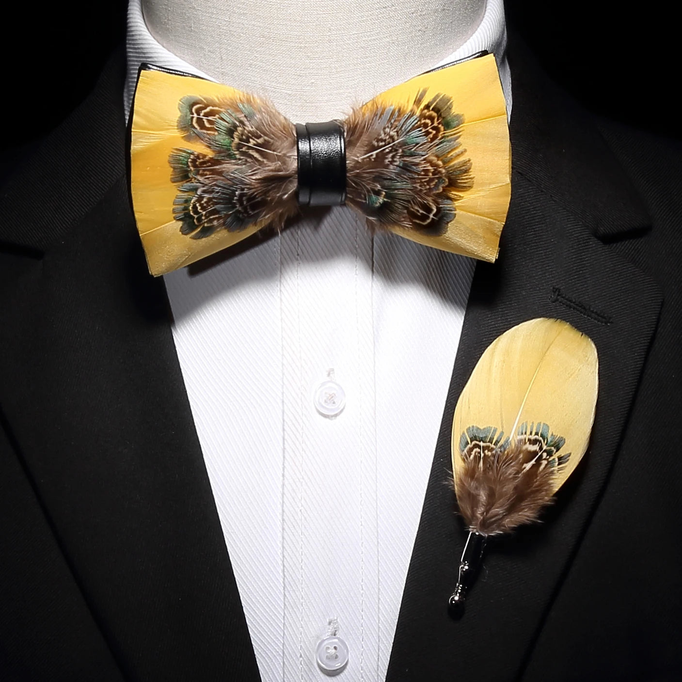 Ricnais Natural Men's Brid Feather Bow Tie Exquisite Hand Made Bowtie Brooch Pin Gift Box Set For Men Wedding Party Accessories