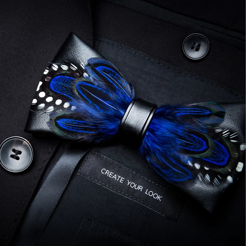 Ricnais Fashion Quality Mens Handmade Feather and Leather Bow Tie Pre-tied Bowtie With Gift Box For Wedding Party Accessories
