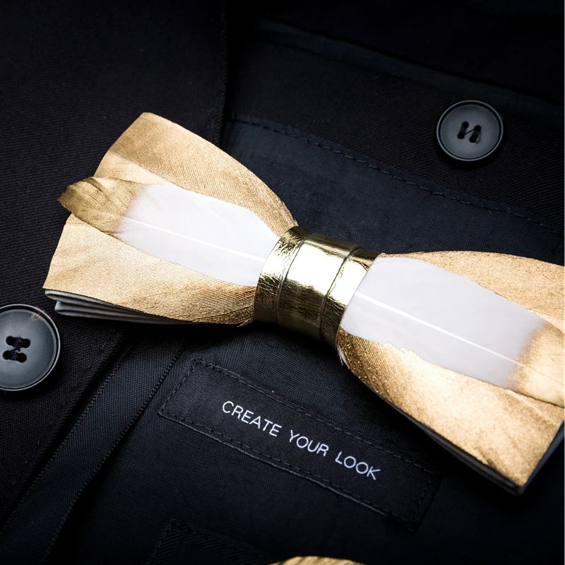 Ricnais Fashion Quality Mens Handmade Feather and Leather Bow Tie Pre-tied Bowtie With Gift Box For Wedding Party Accessories