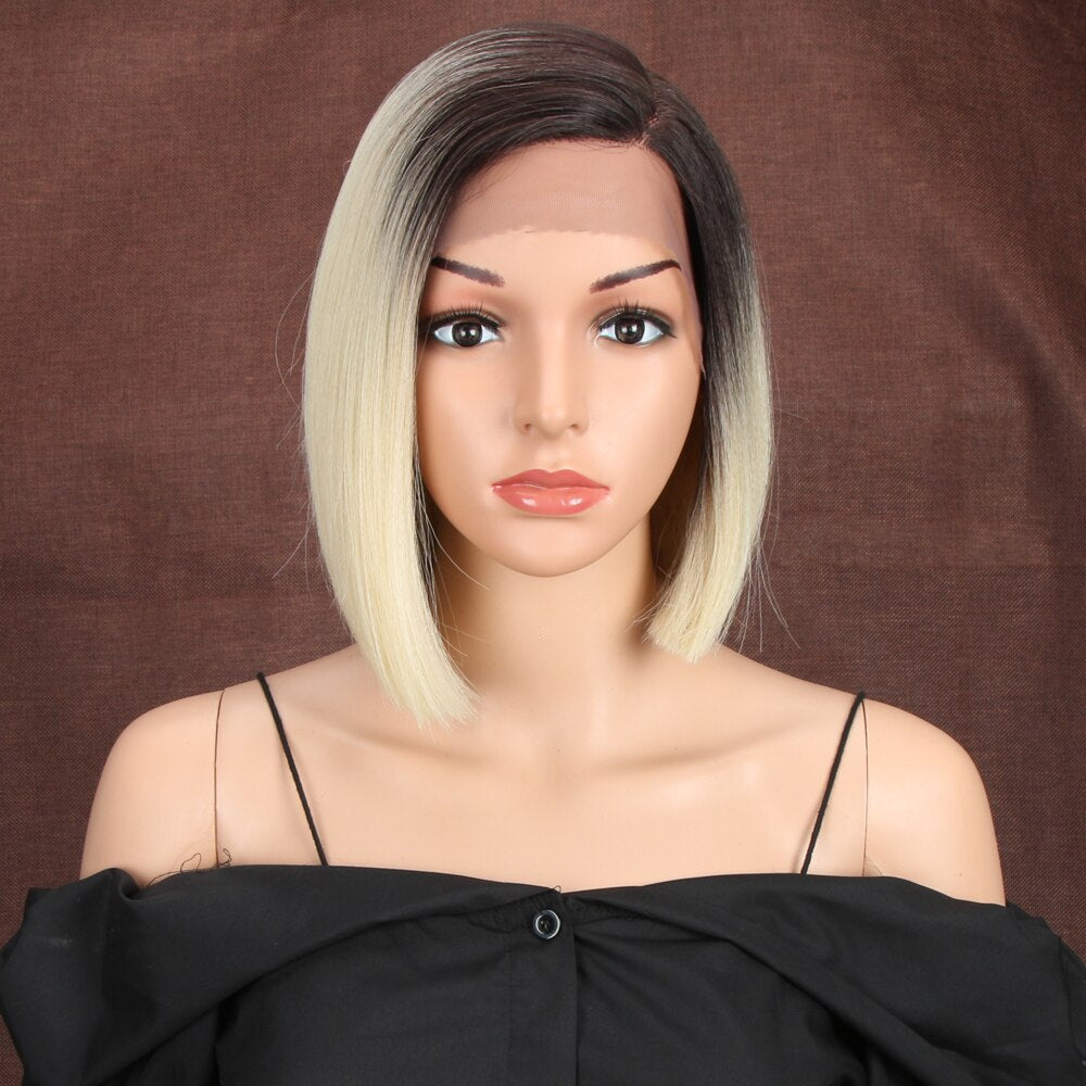 Bella Synthetic Short Wig Bob Lace Wig10 Inch Omber Blonde 613 Brown Red Bob Straight Hair Side Part Wigs For Woman Cosplay