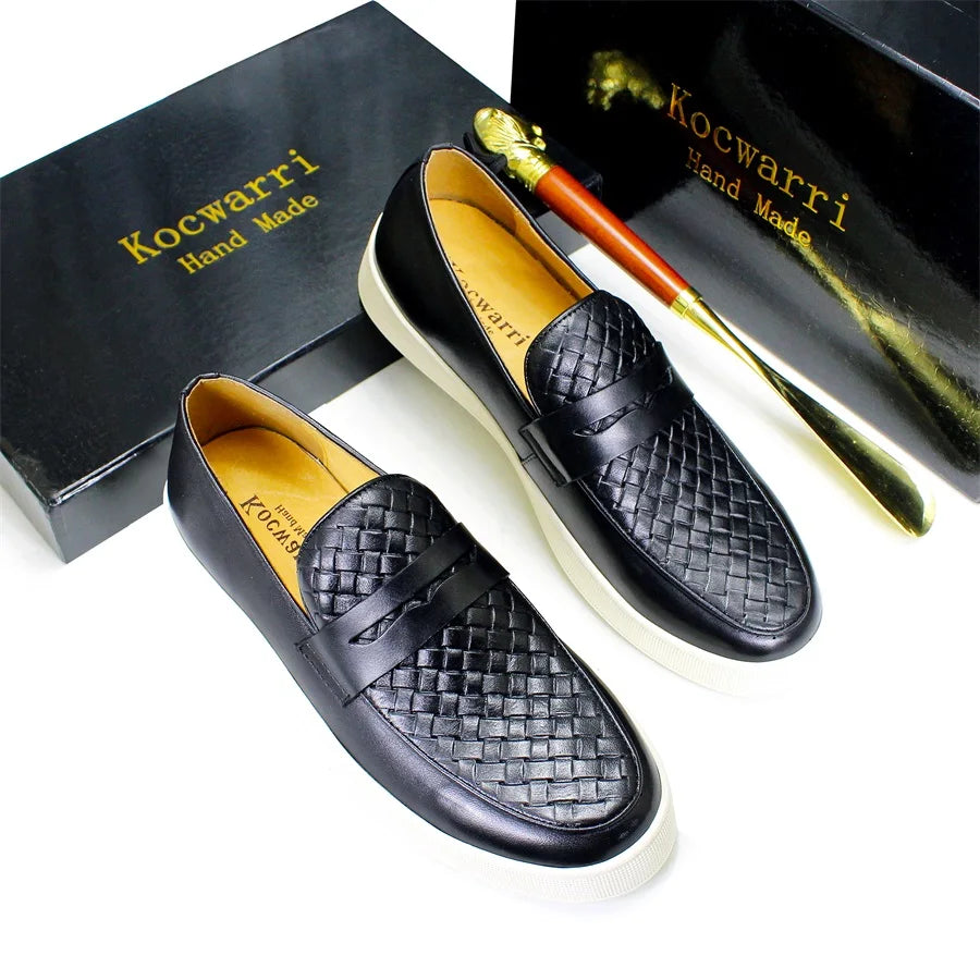 Men's genuine leather casual shoes Comfortable handmade shoes Woven pattern flat shoes Party office men shoes loafers