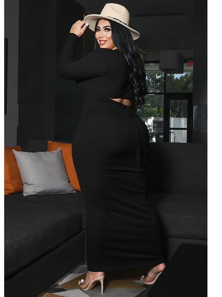 Wmstar Plus Size Women Dresses 5xl Super Stretch Ribbing Sexy Hollow Out Back Bandage Elegant Maxi Dress Wholesale Dropshipping
