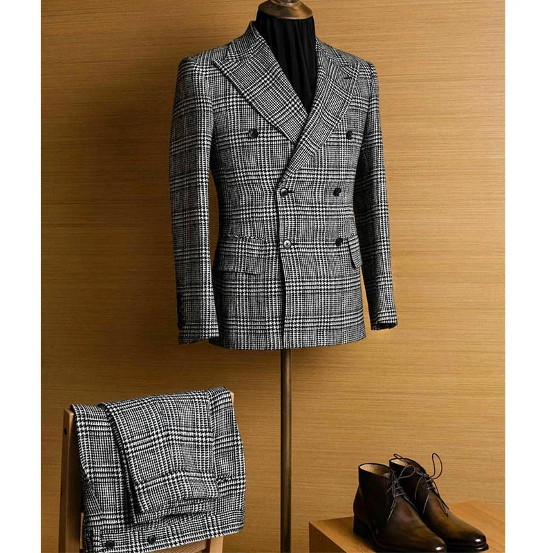 Men's Houndstooth Premium Double Breasted Buttons Tuxedos Peak Lapel Two-Piece Suit Daily Casual Wedding Dinner Business Party