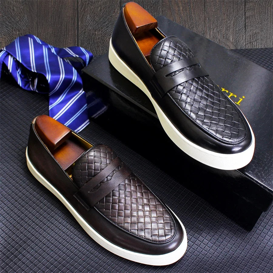 Men's genuine leather casual shoes Comfortable handmade shoes Woven pattern flat shoes Party office men shoes loafers