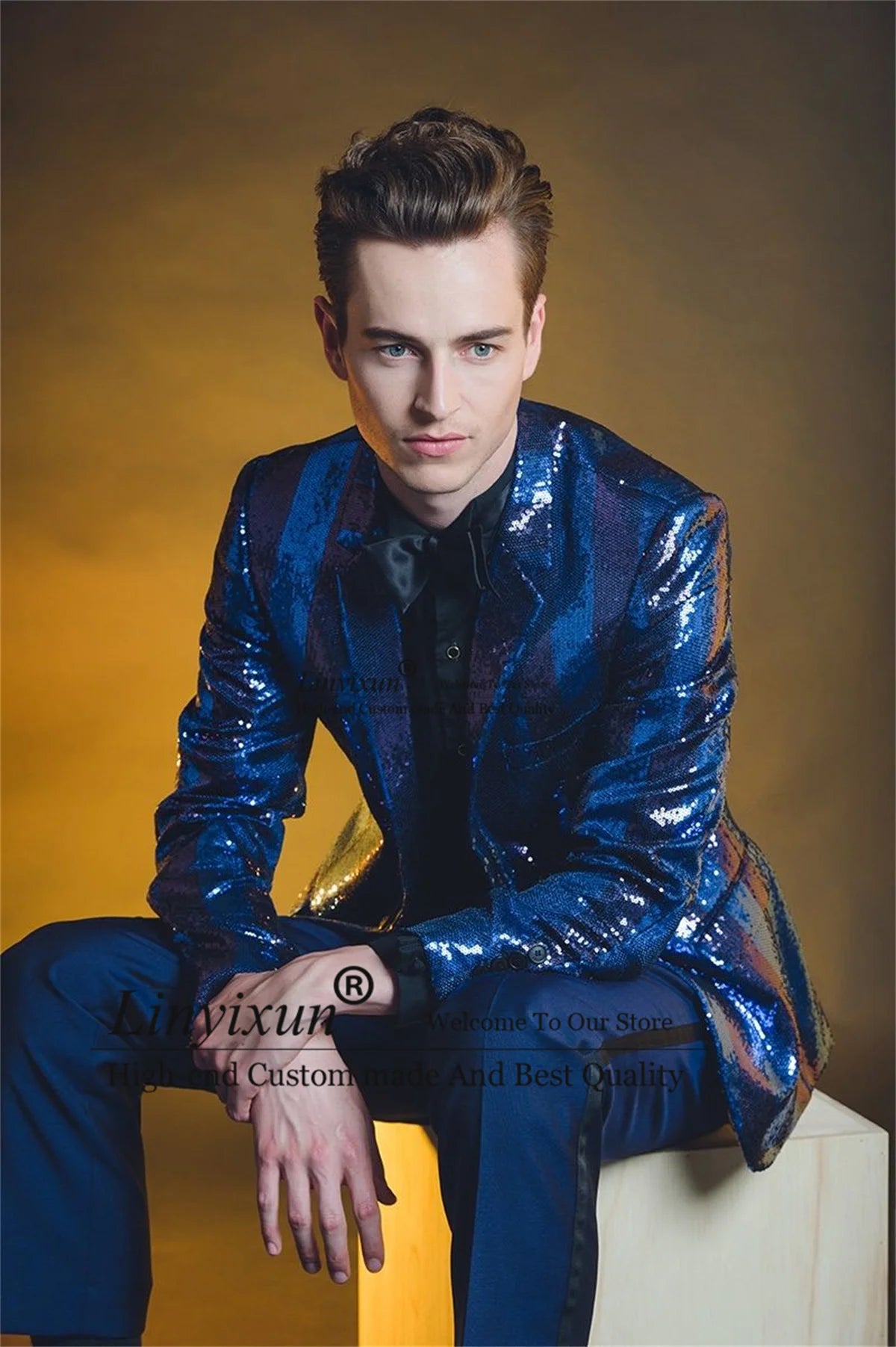 Glitter Sequins Men Suits Notched Lapel Groom Tuxedos 2 Pieces Sets Wedding Prom Blazers Pants Outfit Terno Masculino Completo