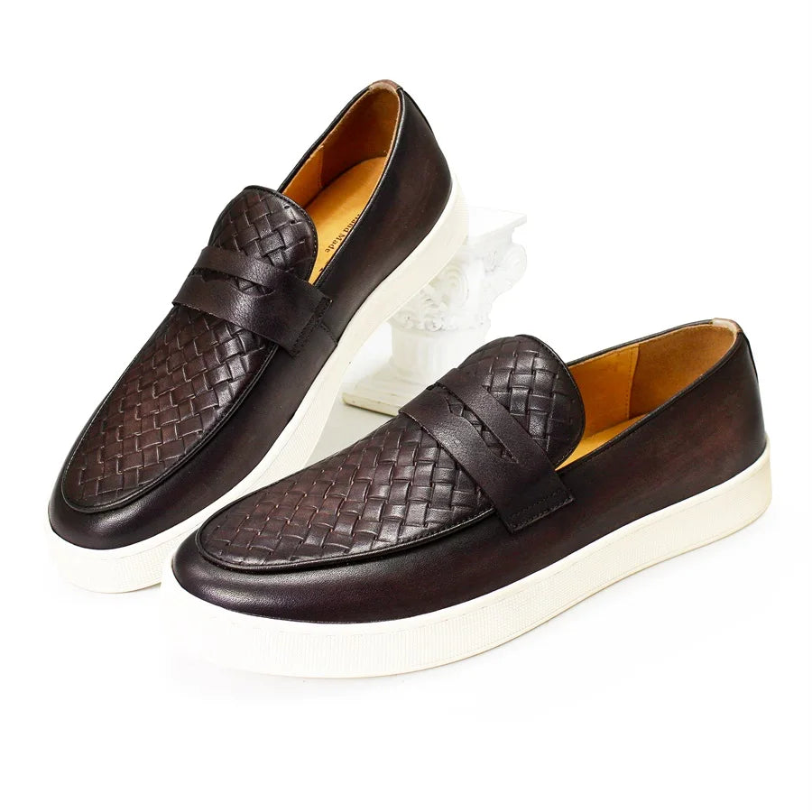 Men's genuine leather casual shoes Comfortable handmade shoes Woven pattern flat shoes Party office men shoes loafers