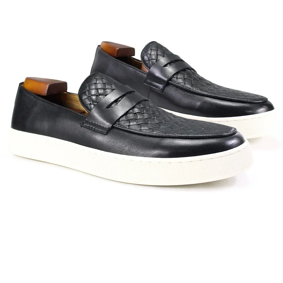 Men's genuine leather casual shoes Comfortable handmade shoes Woven pattern flat shoes Party office men shoes loafers