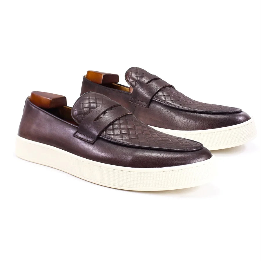 Men's genuine leather casual shoes Comfortable handmade shoes Woven pattern flat shoes Party office men shoes loafers