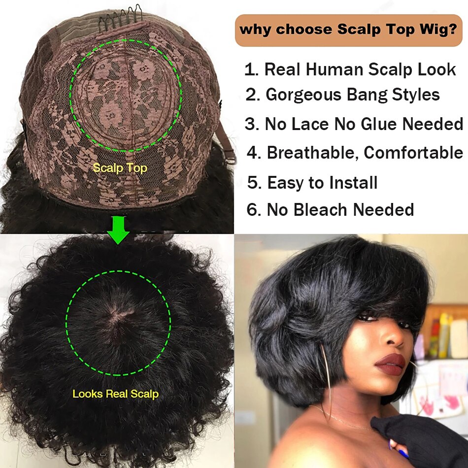 Amethyst Natural Black Short Yaki Wave Bob Human Hair Wigs With Bangs For Women Full Machine O Scalp Top Wig None Lace Remy