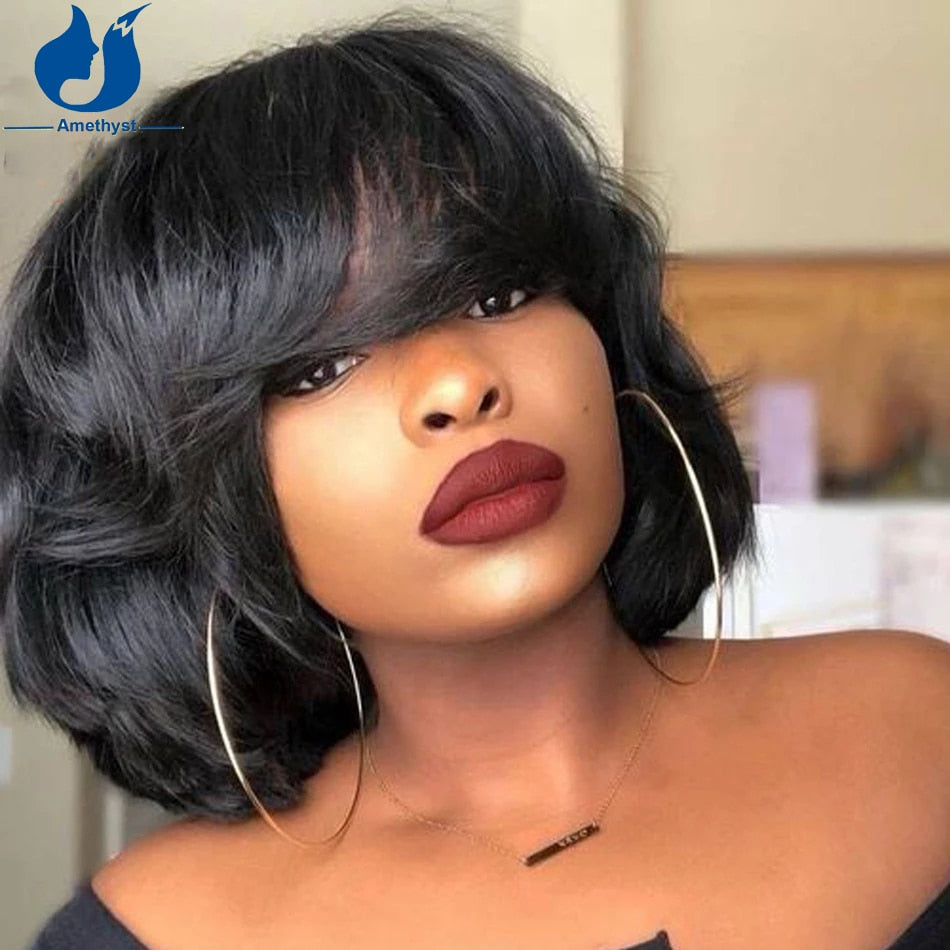 Amethyst Natural Black Short Yaki Wave Bob Human Hair Wigs With Bangs For Women Full Machine O Scalp Top Wig None Lace Remy