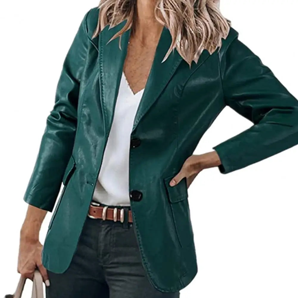PU Faux Leather Jacket Women Long Sleeve Single-breasted Turndown Collar Office Blazer Office Suit Cardigan Coat Outwear