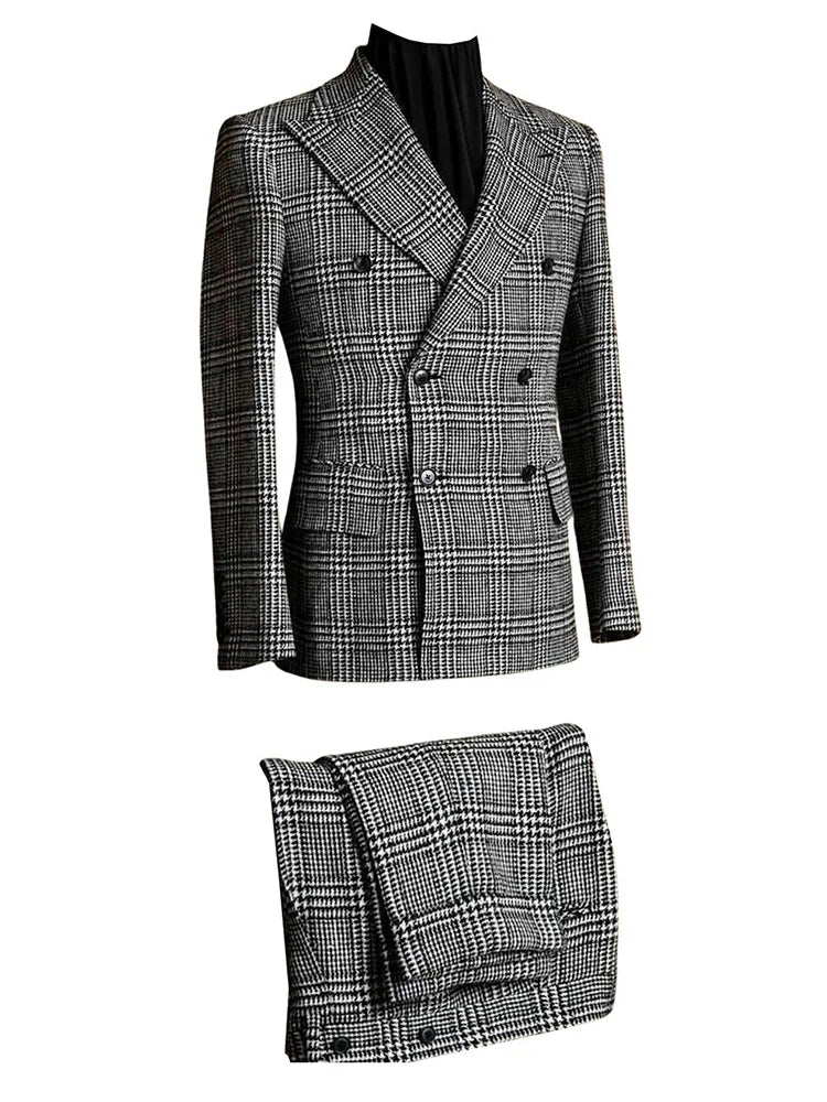 Men's Houndstooth Premium Double Breasted Buttons Tuxedos Peak Lapel Two-Piece Suit Daily Casual Wedding Dinner Business Party