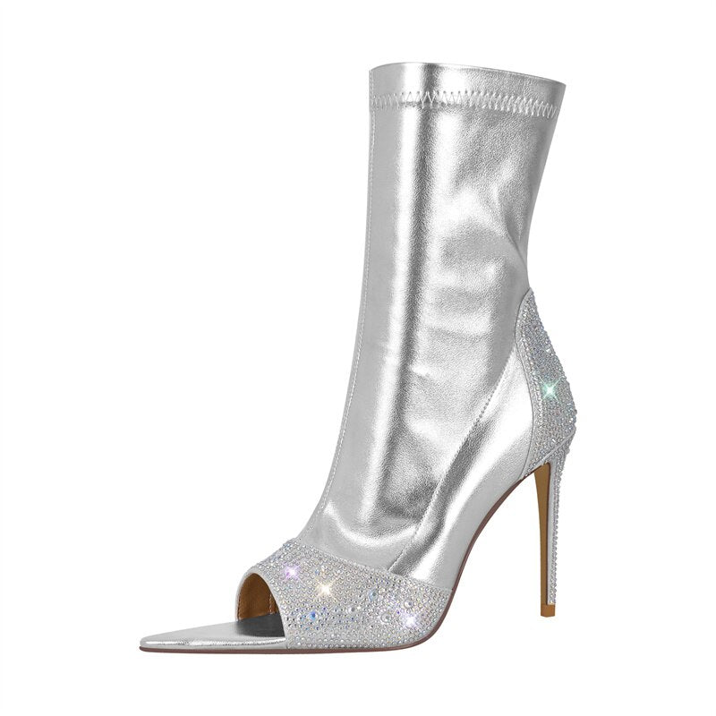 Onlymaker Women Peep Toe Rhinestone Ankel Boots Thin High Heel Side Zipper Fashion Female Booties