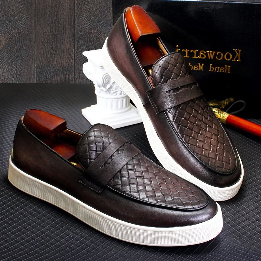 Men's genuine leather casual shoes Comfortable handmade shoes Woven pattern flat shoes Party office men shoes loafers