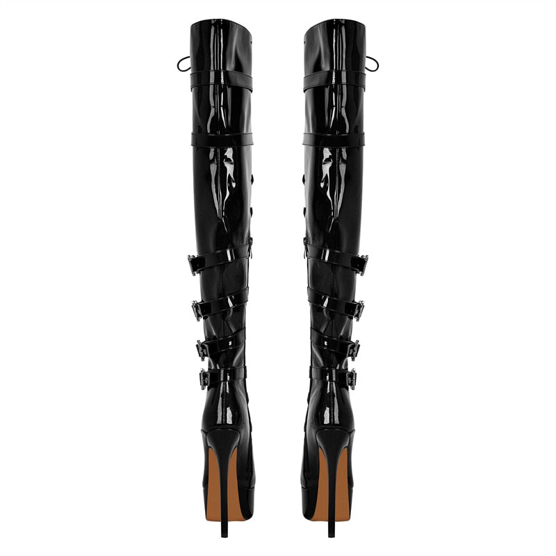 Onlymaker Women Platform Over The Knee Thin High Boots Black Patent Leather Side Zipper Sexy Handmade Stiletto Female Boots