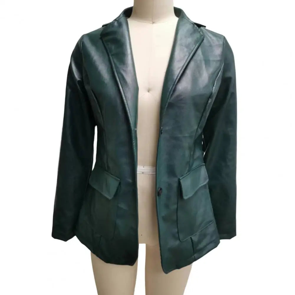 PU Faux Leather Jacket Women Long Sleeve Single-breasted Turndown Collar Office Blazer Office Suit Cardigan Coat Outwear