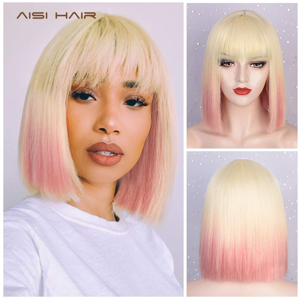 AISI HAIR Synthetic Ombre Orange Wig Short Straight Middle Part Bob Wig for Women Natural Yellow/Red Wigs Heat Resistant Fiber