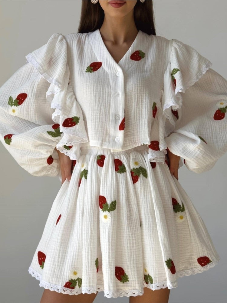 Cotton Women Tracksuit Shirt Shorts Two Piece Set Fashion Ruffle Love Long Sleeve Shorts Suit 2023 Summer Casual Female Outfits
