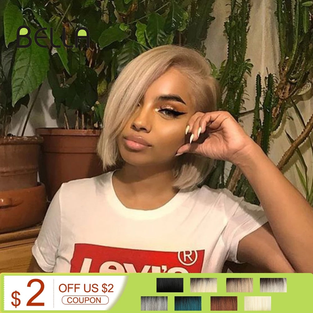 Bella Synthetic Short Wig Bob Lace Wig10 Inch Omber Blonde 613 Brown Red Bob Straight Hair Side Part Wigs For Woman Cosplay