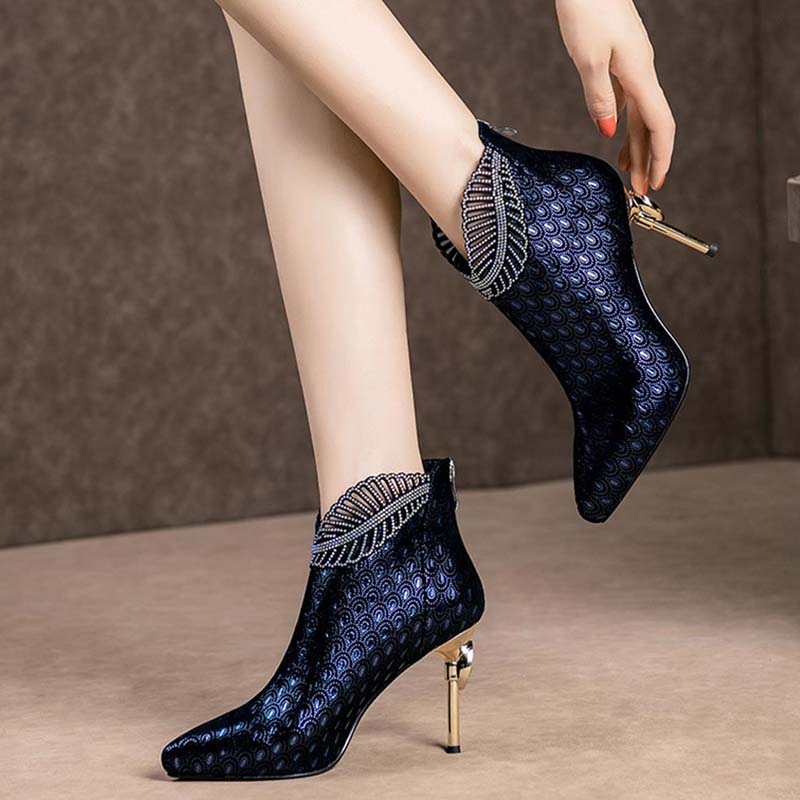 Peacock Pattern Embossed Leather Boot Women 2023 Spring Fashion Pointed Toe High Heels Woman Shiny Rhinestones Party Ankle Boots