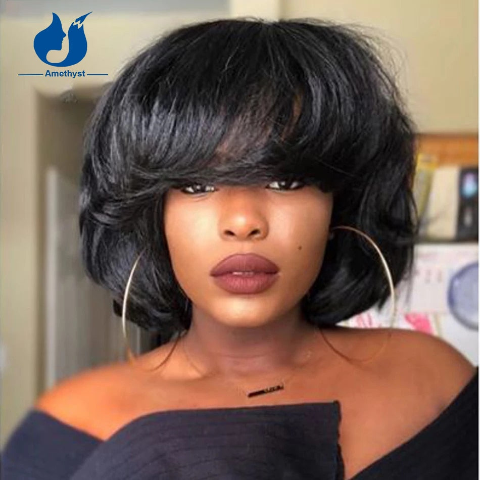 Amethyst Natural Black Short Yaki Wave Bob Human Hair Wigs With Bangs For Women Full Machine O Scalp Top Wig None Lace Remy
