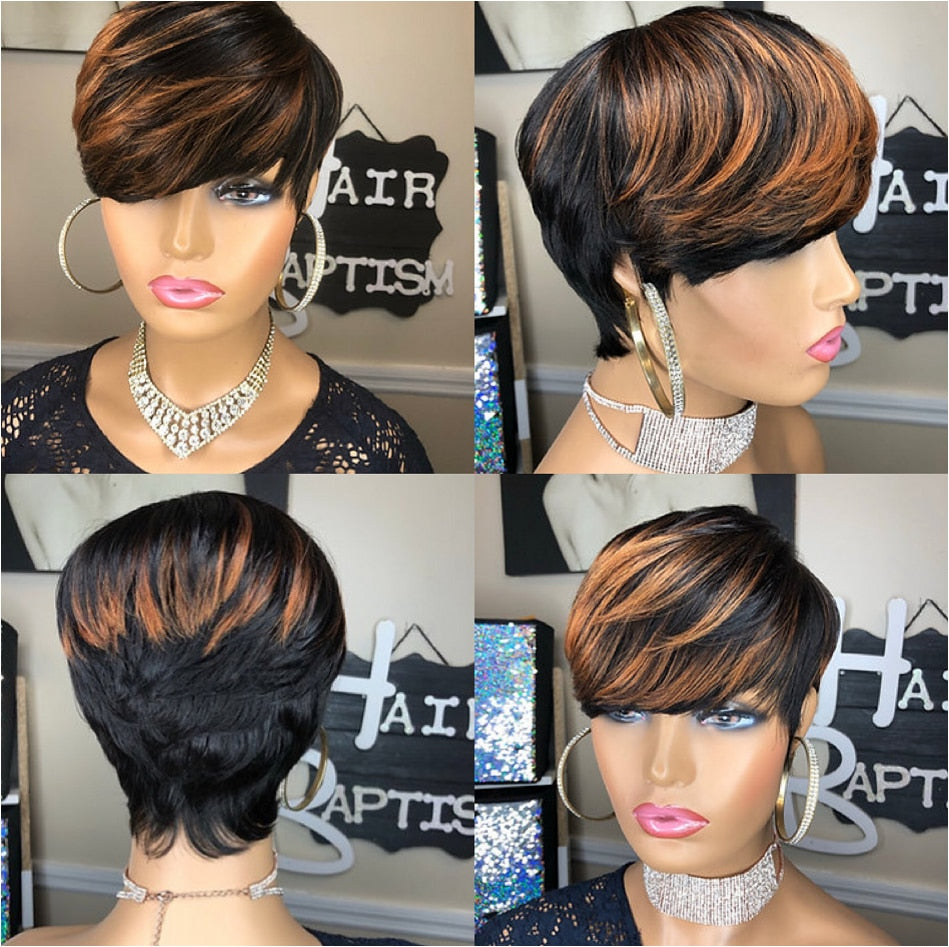 WIGERA  Highlight Synthetic Wigs Short Straight  Pixie Cut Hair Bob Wig Honey Gold Mix Black  Hair For Woman