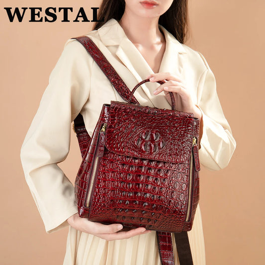 WESTAL 5 Colors Crocodile Pattern Women Backpacks Leather Vintage Female Shoulder Bag Ladies Travel Back Pack Casual School Bag