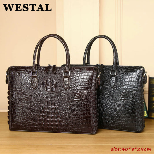 WESTAL Genuine Leather Men’s Bag 12"Laptop Bag Crocodile Pattern Computer Shoulder Handbag Business Crossbody Briefcase For Male