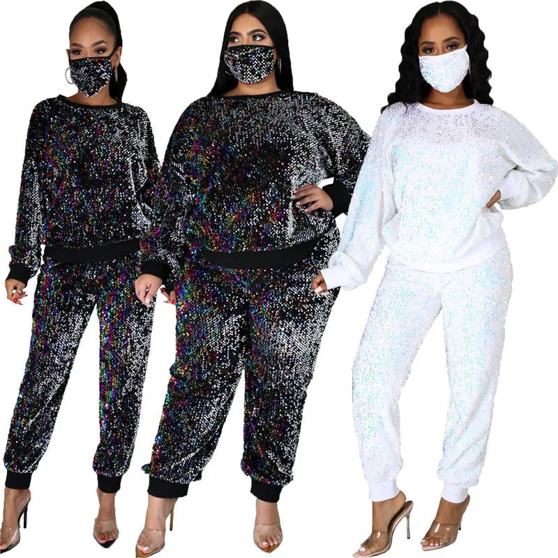 Winter  Plus Size S-5XL Clothing For Women Two Piece Set Sequins Birthday Outfit Joggers Tracksuit Wholesale Dropshipping 2021