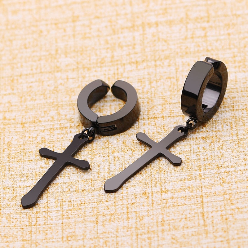 New 1 Pcs Stainless Steel Clip On Non Piercing Earrings For Women Men Black Gold Color Cross Gothic Punk Rock Drop Pendiente