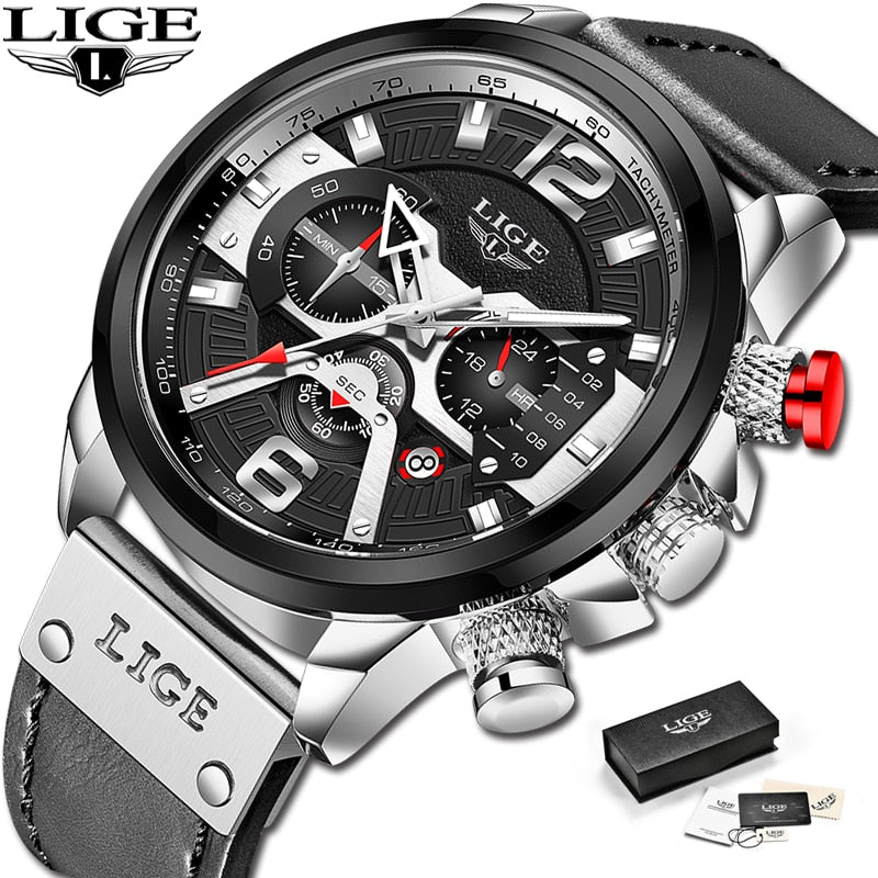 2023 New Mens Watches LIGE Top Brand Leather Chronograph Waterproof Sport Automatic Date Quartz Watch For Men Relogio Masculino