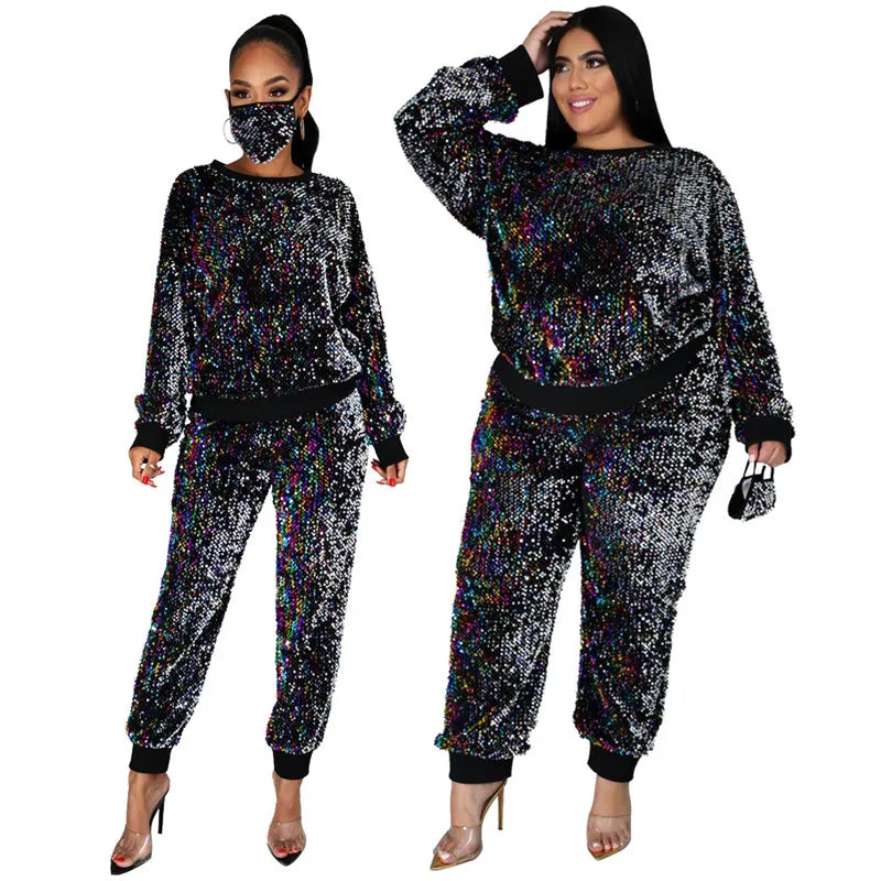 Winter  Plus Size S-5XL Clothing For Women Two Piece Set Sequins Birthday Outfit Joggers Tracksuit Wholesale Dropshipping 2021