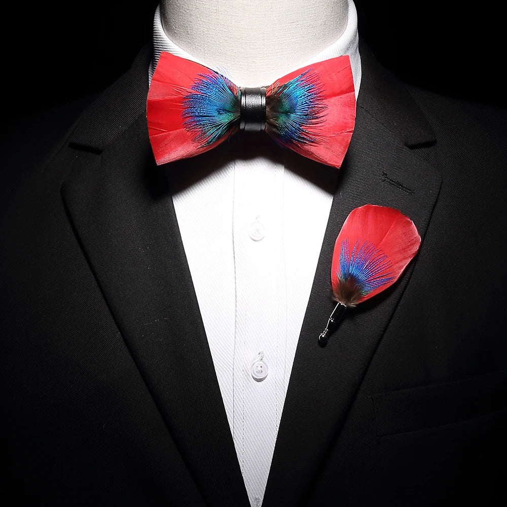 Ricnais New Original Feather Bow Tie Brooch Set White Bule Colorful Handmade Exquisite Bowtie For Men Wedding Ties Gift with Box