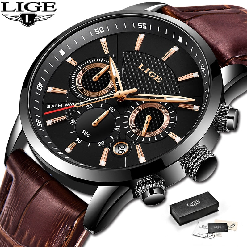 2023 New Mens Watches LIGE Top Brand Leather Chronograph Waterproof Sport Automatic Date Quartz Watch For Men Relogio Masculino