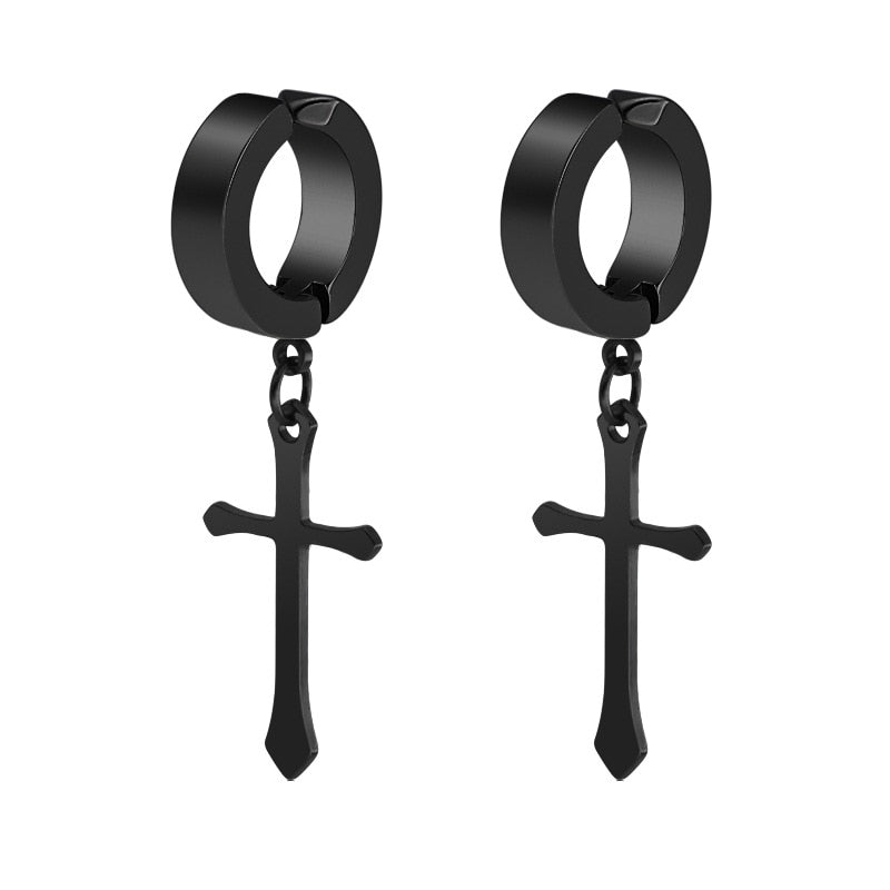 New 1 Pcs Stainless Steel Clip On Non Piercing Earrings For Women Men Black Gold Color Cross Gothic Punk Rock Drop Pendiente