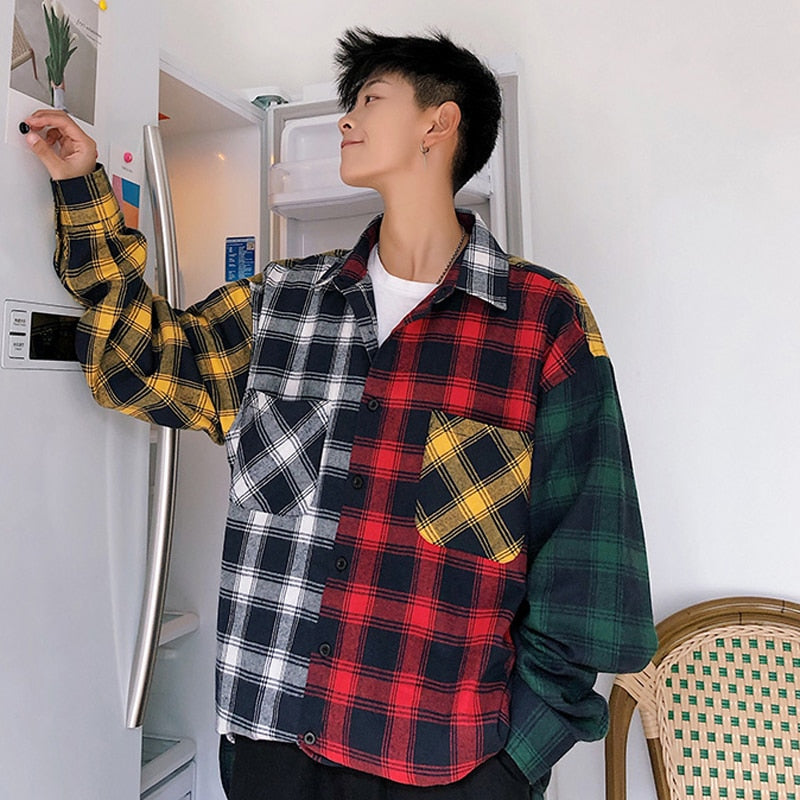 LAPPSTER Men Oversized Cotton Plaid Shirt 2023 Man Hip Hop Patchwork Button Up Long Sleeve Shirt Couple Korean Harajuku Clothing