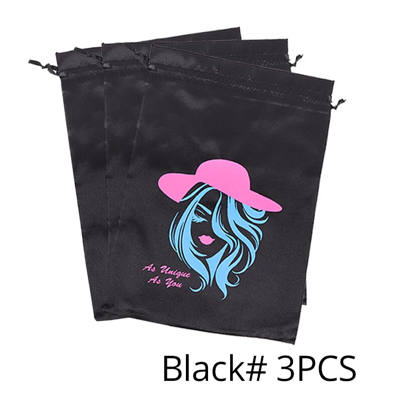 Plussign Satin Bags For Packageing Hair Big 10*14 Inch For Long Hair Extension And Wigs Satin Drawstring Bag 3Pcs Black Color