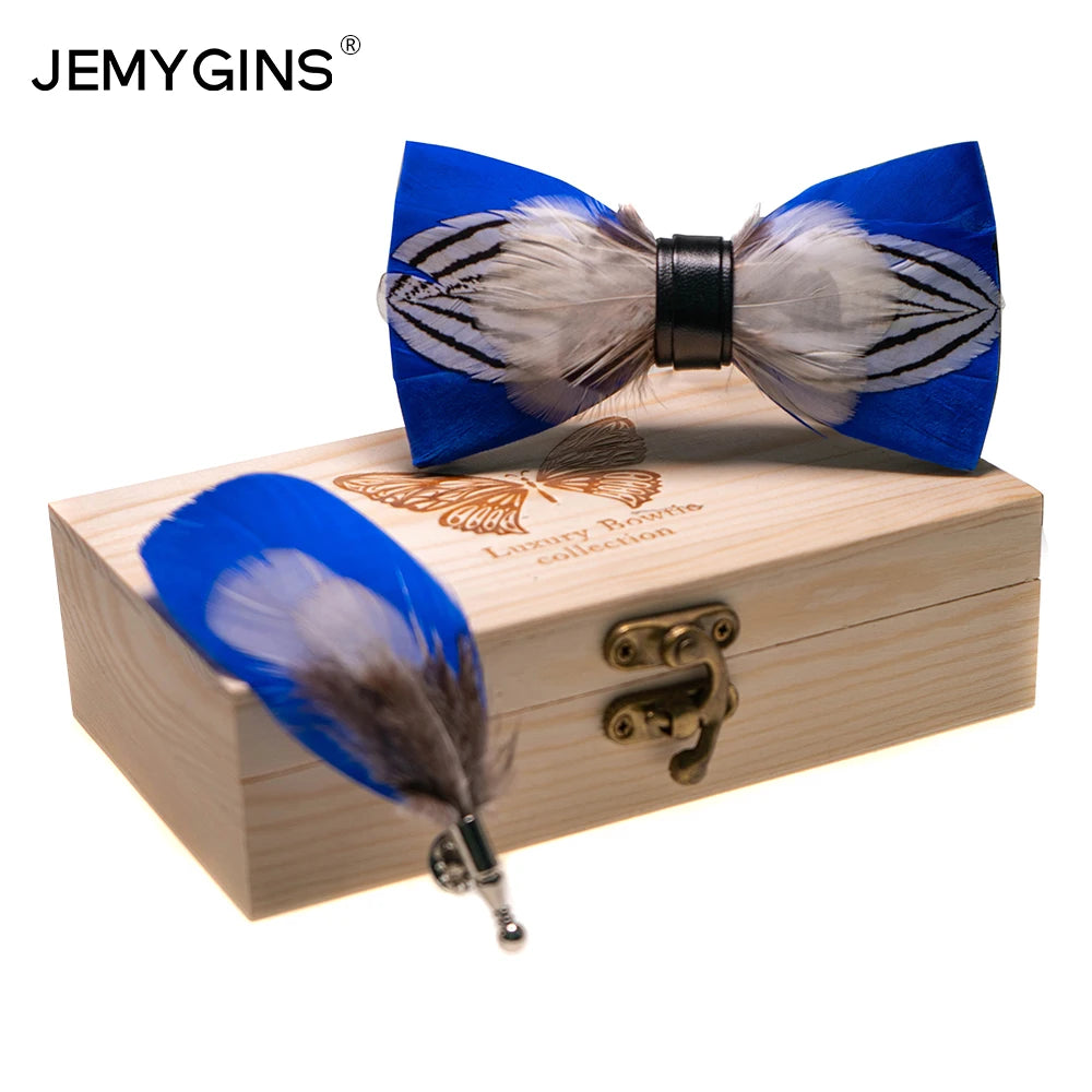 JEMYGINS Novelty Fashion Hand Made Men Bow Tie Blue White Striped Feather Bowties Gift for men wedding Party Chirstmas Tie Set