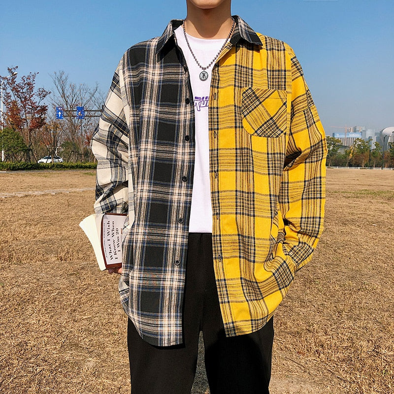 LAPPSTER Men Oversized Cotton Plaid Shirt 2023 Man Hip Hop Patchwork Button Up Long Sleeve Shirt Couple Korean Harajuku Clothing